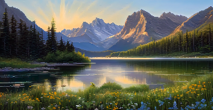 A beautiful mountain landscape during sunrise with a reflective lake and colorful wildflowers.