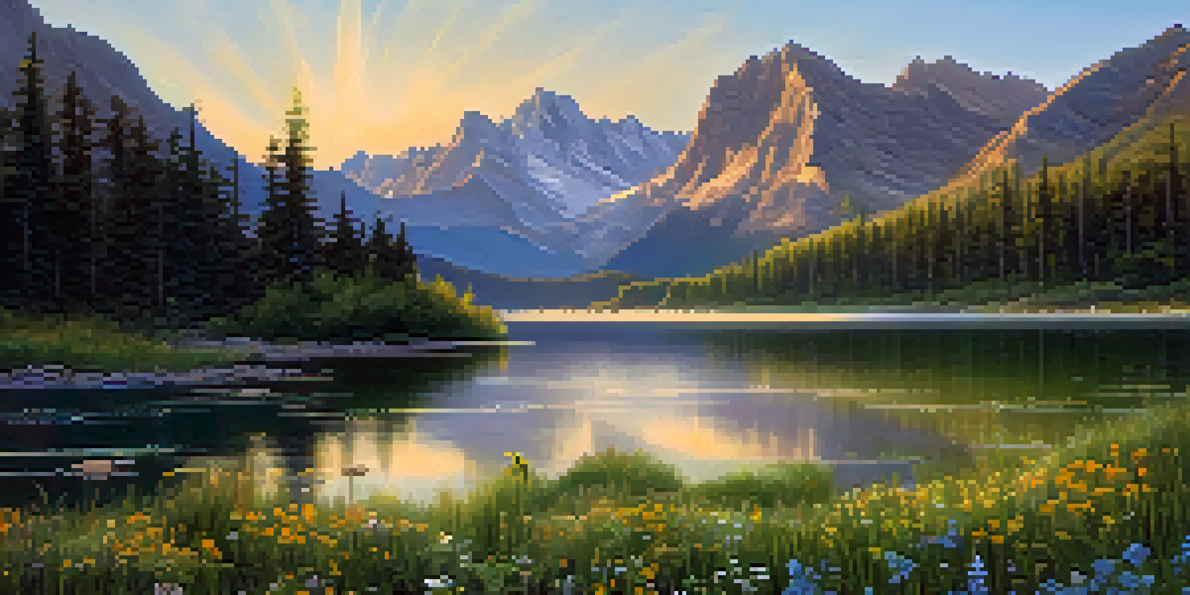 A beautiful mountain landscape during sunrise with a reflective lake and colorful wildflowers.