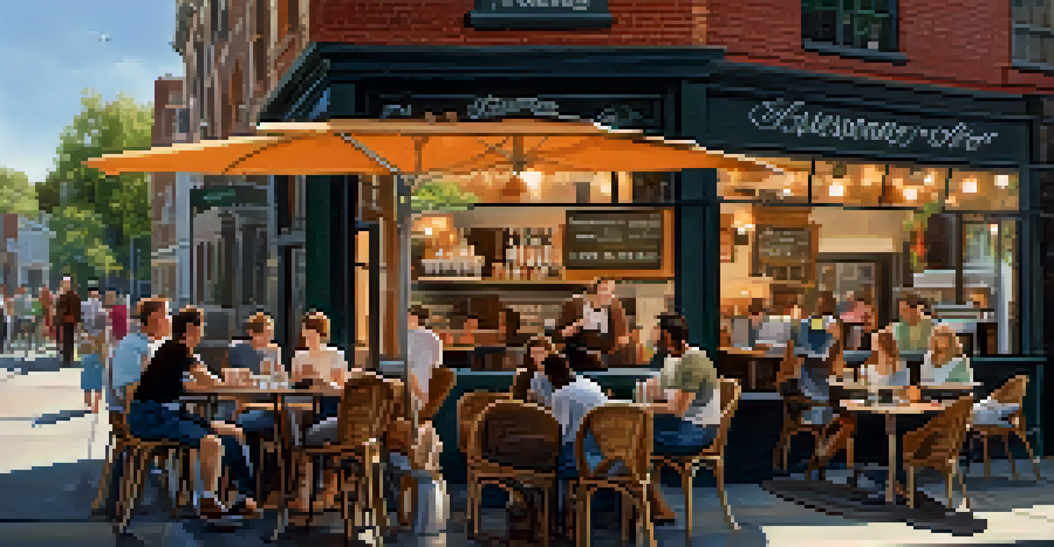 An outdoor coffee shop with customers enjoying drinks and a chalkboard menu displaying seasonal offerings.