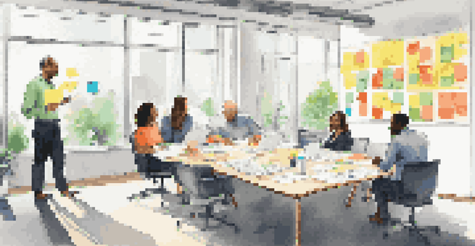 A diverse team collaborating in a bright office during a strategic planning meeting with charts and sticky notes.