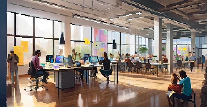 A diverse group of individuals collaborating in a modern office space, filled with natural light and colorful materials.