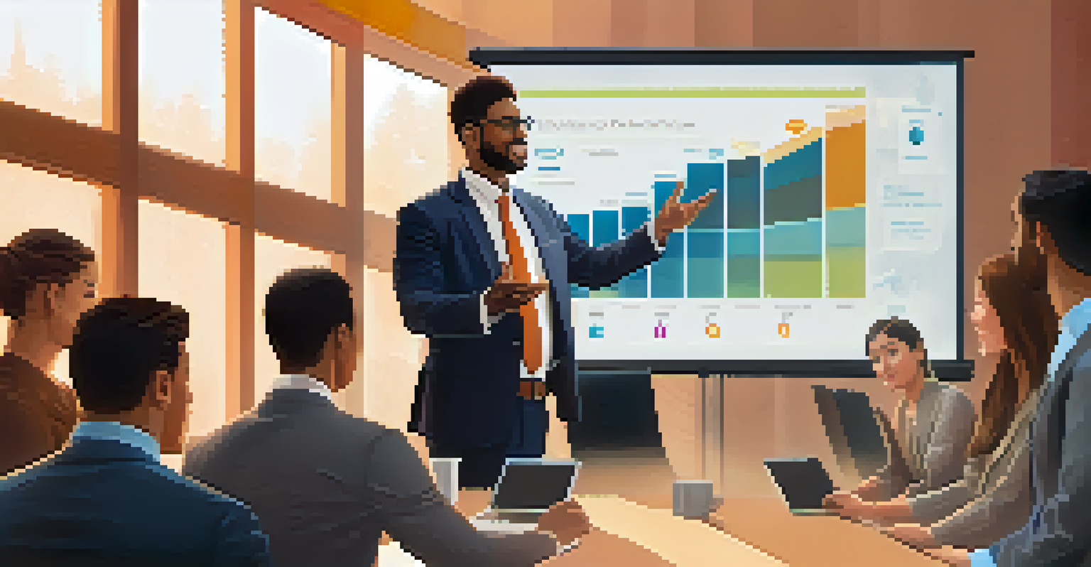 A confident business leader addressing a diverse team in a modern conference room, highlighting ethical business practices on a digital display.