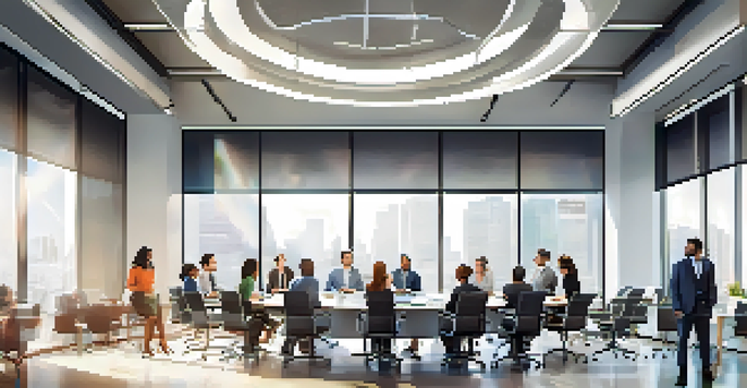 A diverse group of professionals collaborating in a bright conference room with digital displays.