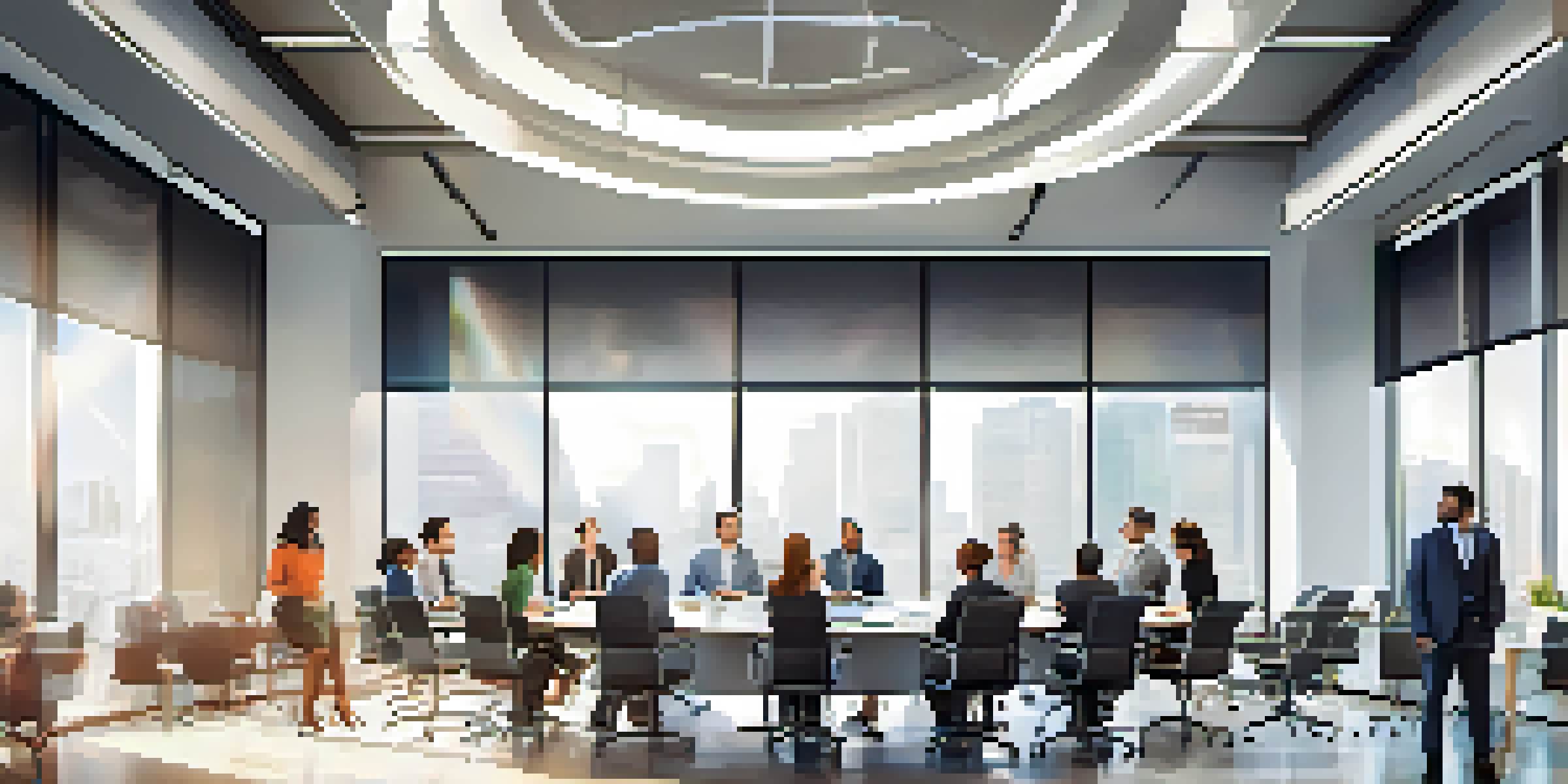 A diverse group of professionals collaborating in a bright conference room with digital displays.
