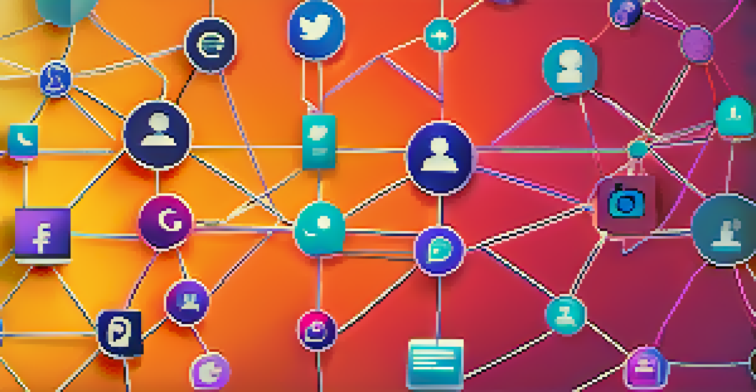 A digital networking environment with social media platform icons interconnected against a gradient background.