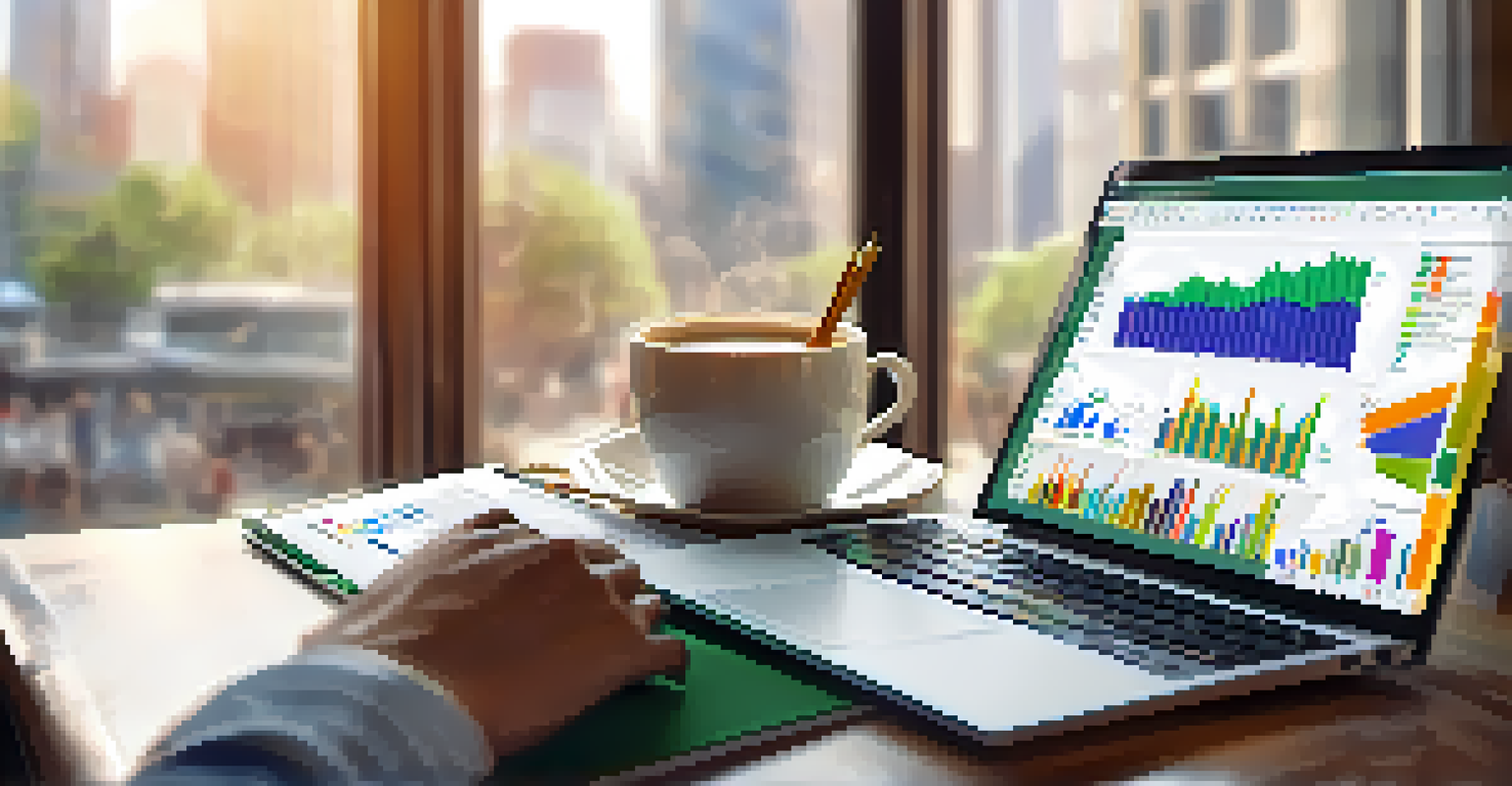 Close-up of hands typing on a laptop displaying colorful graphs, with an office background.