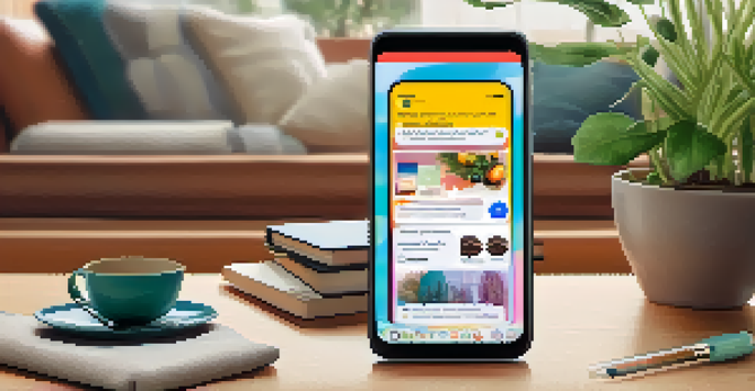 A smartphone showing a lively social media feed with colorful product images and comments, set in a cozy living room.