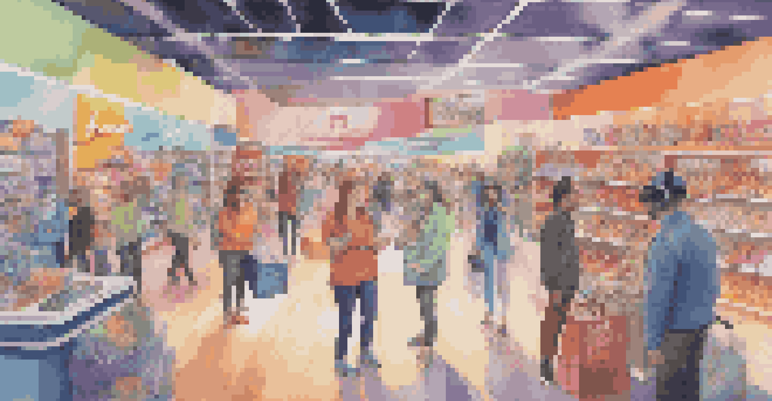 A virtual reality shopping scene with avatars competing in a colorful, immersive environment filled with products.