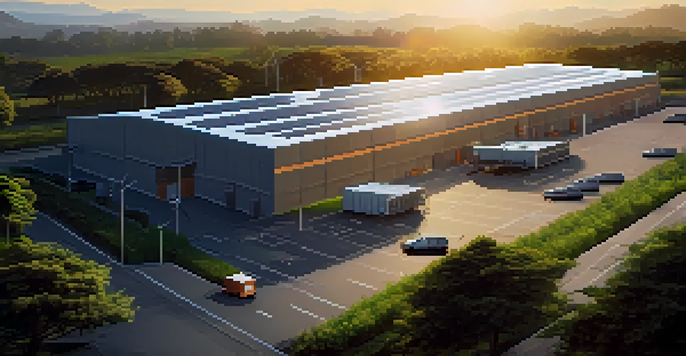 A logistics warehouse with solar panels, surrounded by greenery, with electric delivery vehicles parked outside, under a sunset sky.
