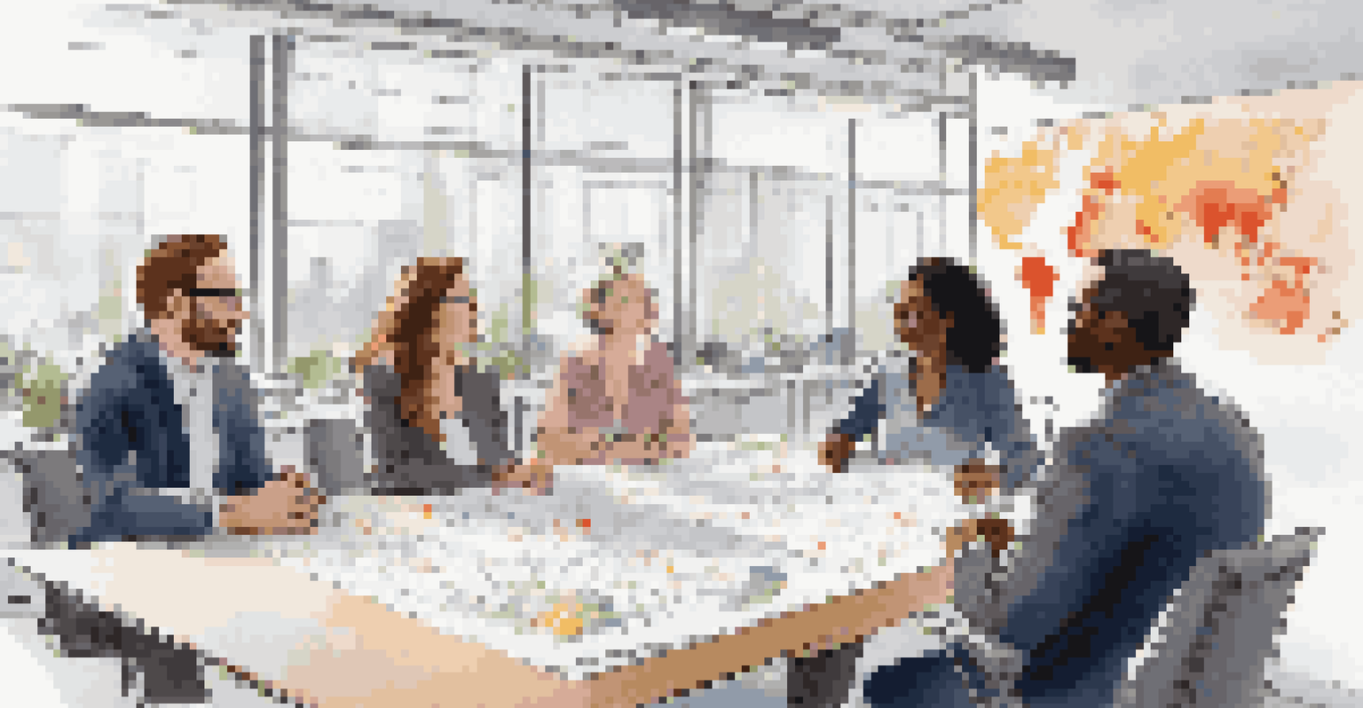 A diverse group of professionals discussing in a bright office with a large table and a whiteboard filled with diagrams.