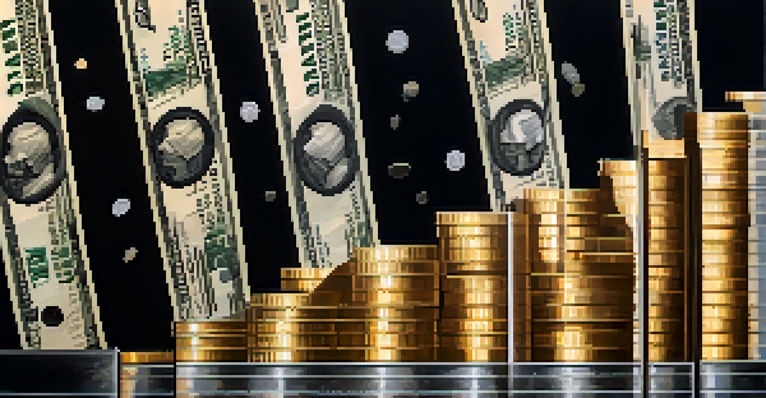 An upward arrow made of coins and bills symbolizing financial growth against a dark background.