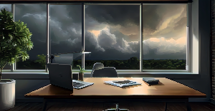 A modern office with a view of a stormy sky, representing Business Continuity Planning, featuring a desk, laptop, and potted plant.