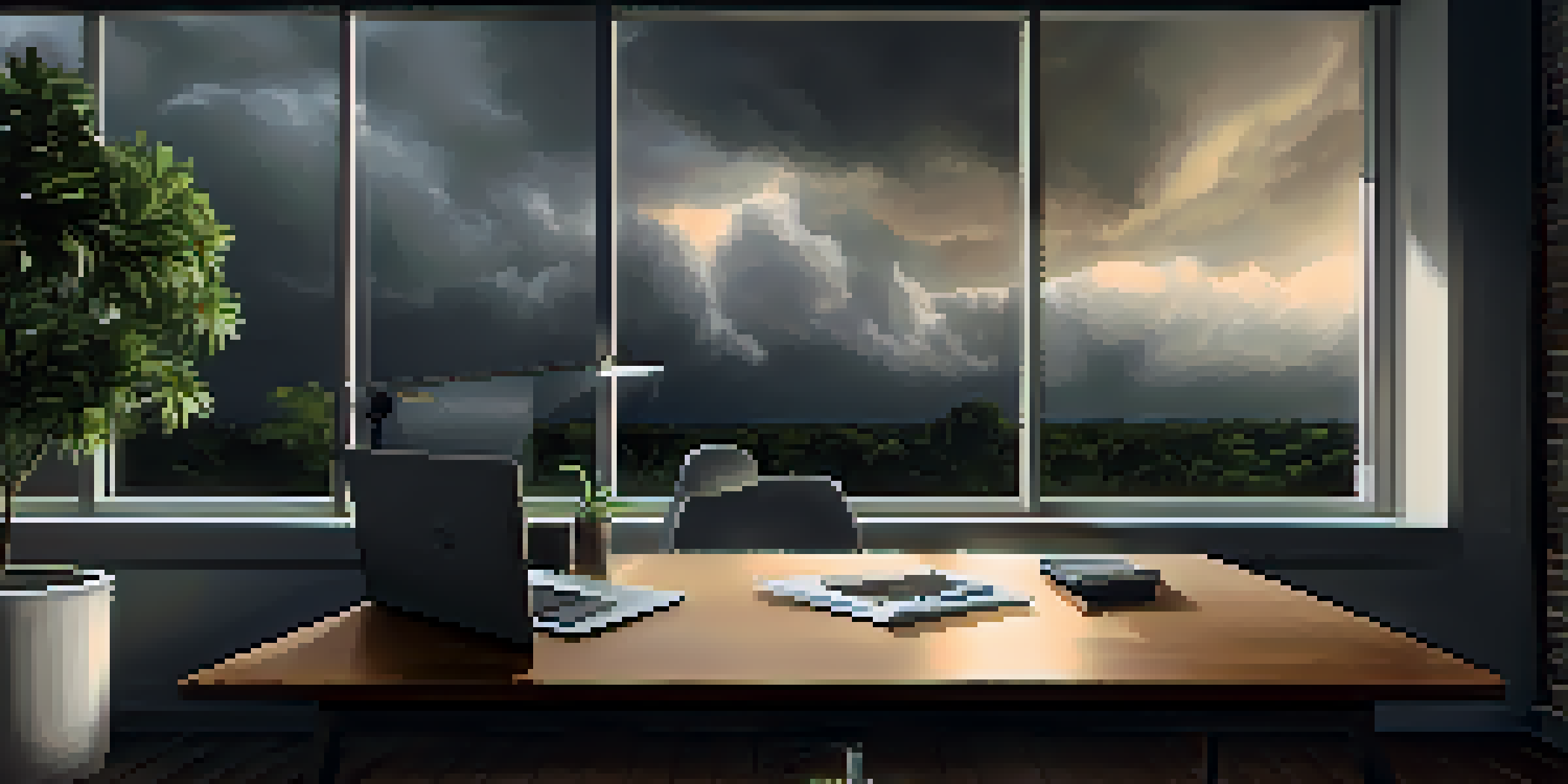 A modern office with a view of a stormy sky, representing Business Continuity Planning, featuring a desk, laptop, and potted plant.