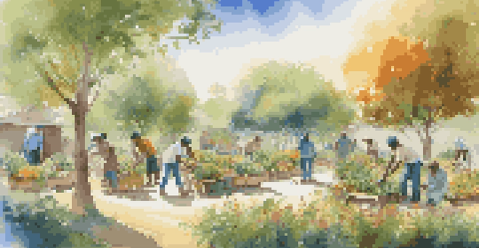 A diverse group of people participating in sustainable activities like recycling and planting trees in a vibrant outdoor setting.