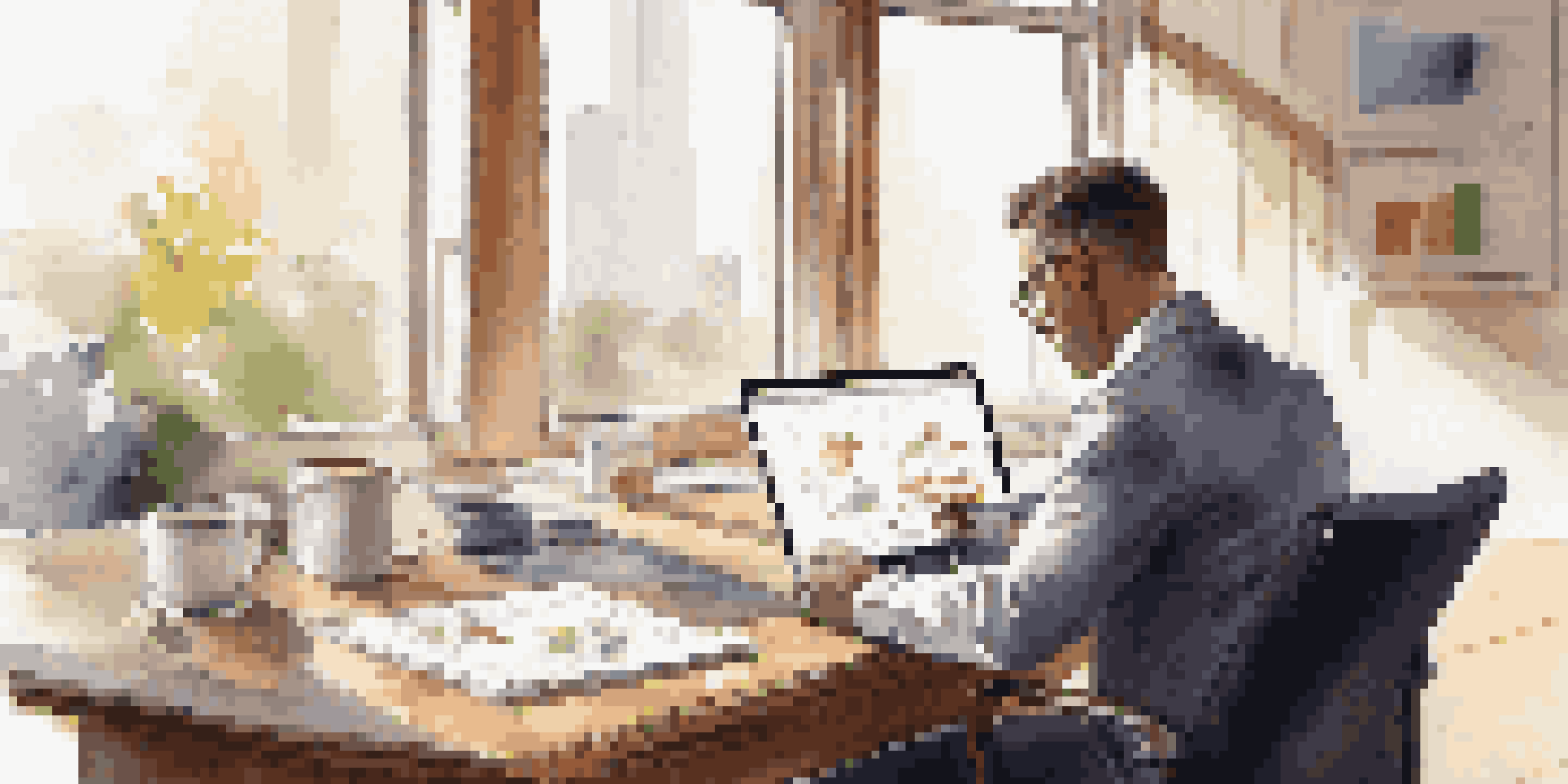 A business professional at a modern desk reviewing charts and graphs on a laptop, with a notepad and coffee cup.