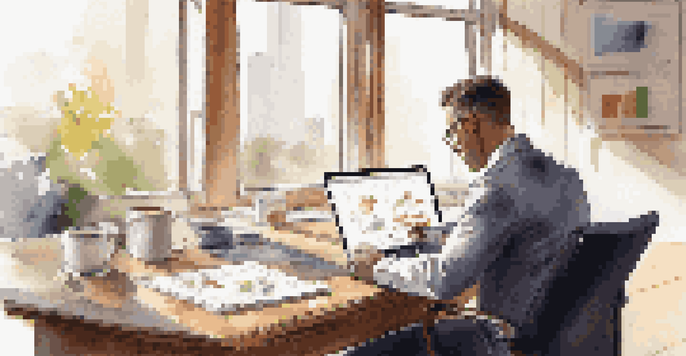 A business professional at a modern desk reviewing charts and graphs on a laptop, with a notepad and coffee cup.