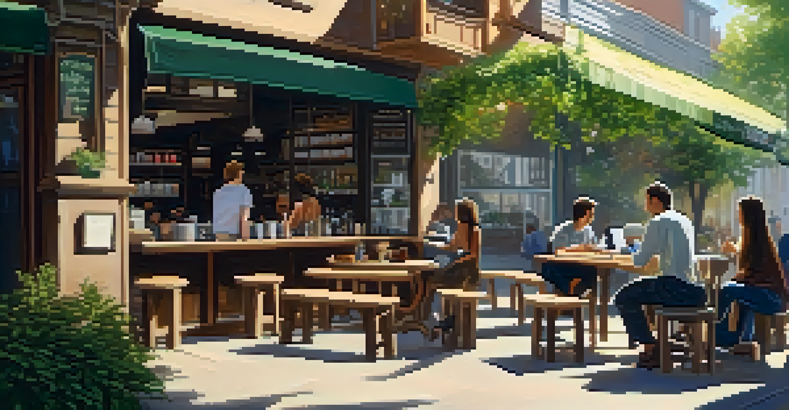 An outdoor coffee shop with customers using laptops and enjoying drinks in a tranquil setting.