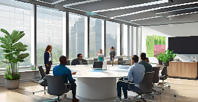 A bright office featuring diverse employees participating in a cybersecurity training session, with a large screen displaying cybersecurity tips.