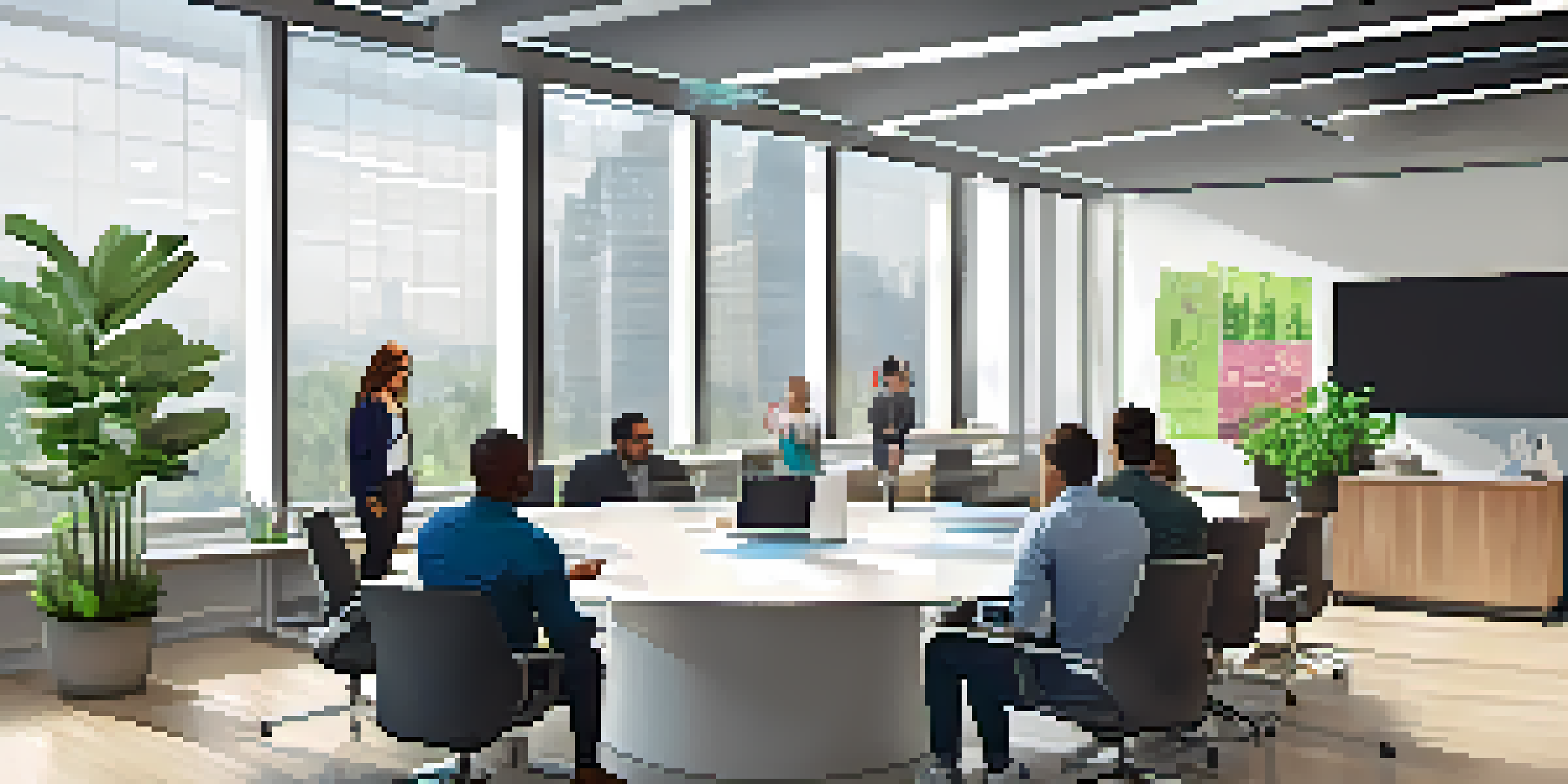 A bright office featuring diverse employees participating in a cybersecurity training session, with a large screen displaying cybersecurity tips.