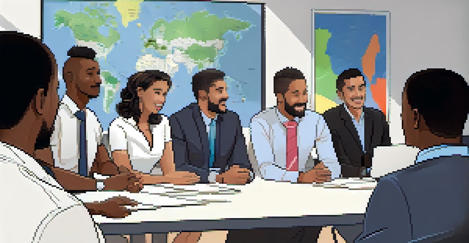 A leader motivating a small team in a modern conference room with engaged expressions.