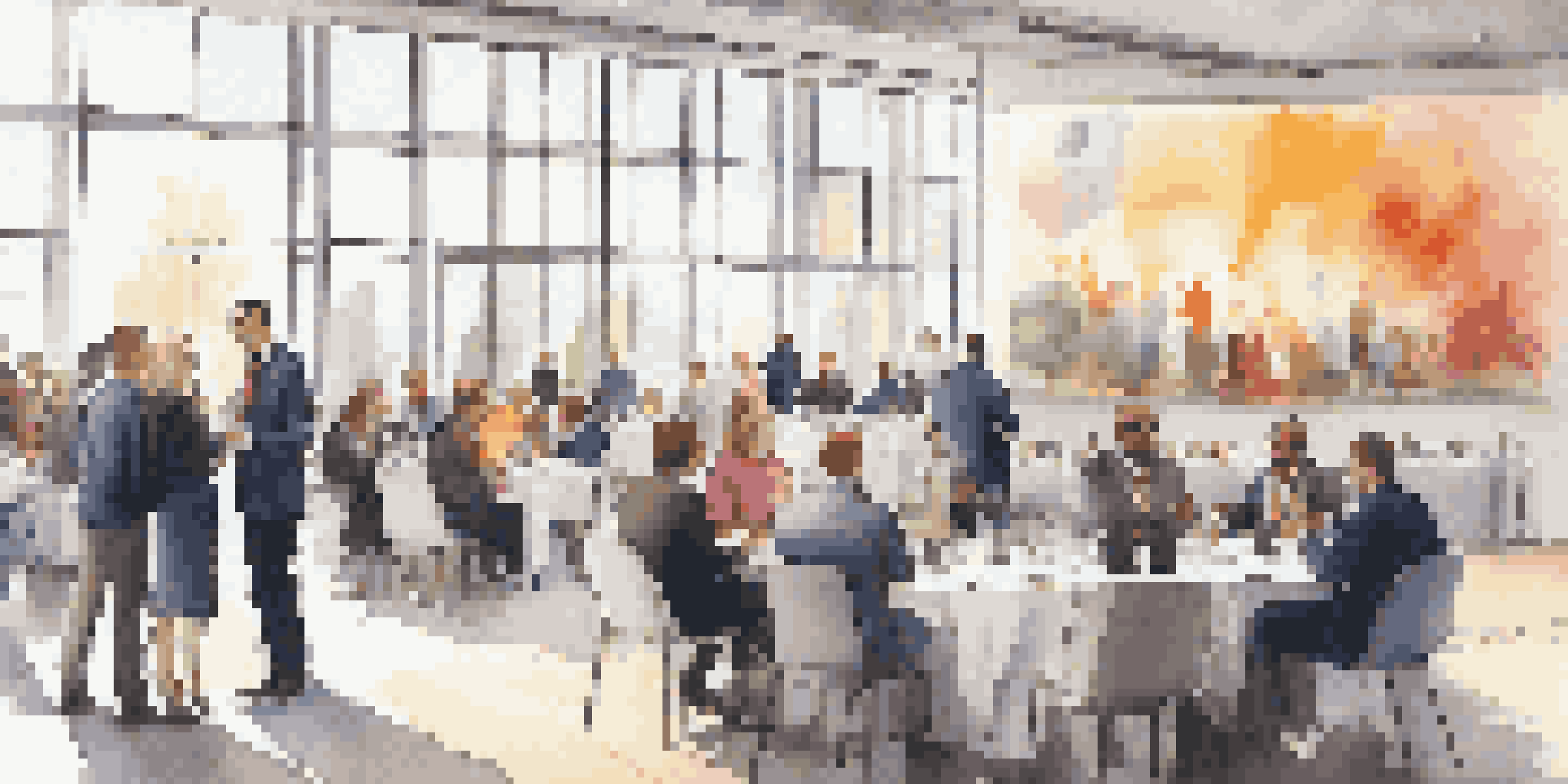 A busy networking event in a conference hall with professionals in business attire engaging in conversation.