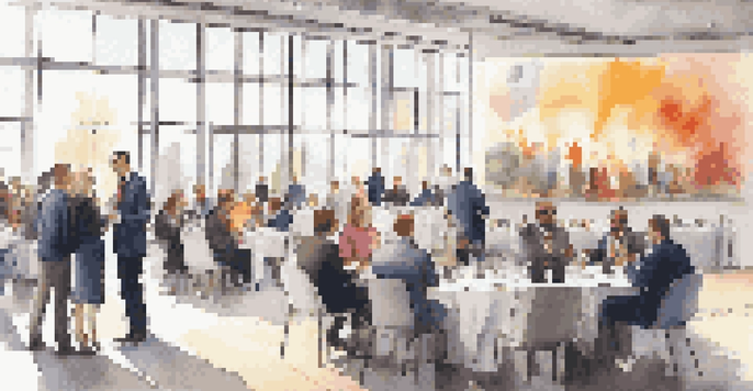 A busy networking event in a conference hall with professionals in business attire engaging in conversation.