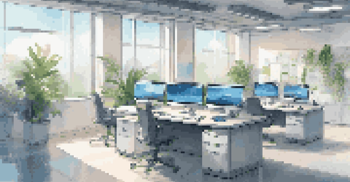 A modern office with a sleek desk, multiple monitors showing a CRM dashboard, and natural light from large windows.