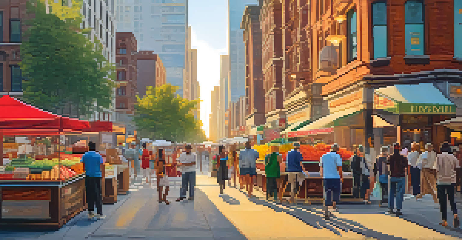 A lively city street during sunset, with people walking, tall buildings, and vibrant street vendors.