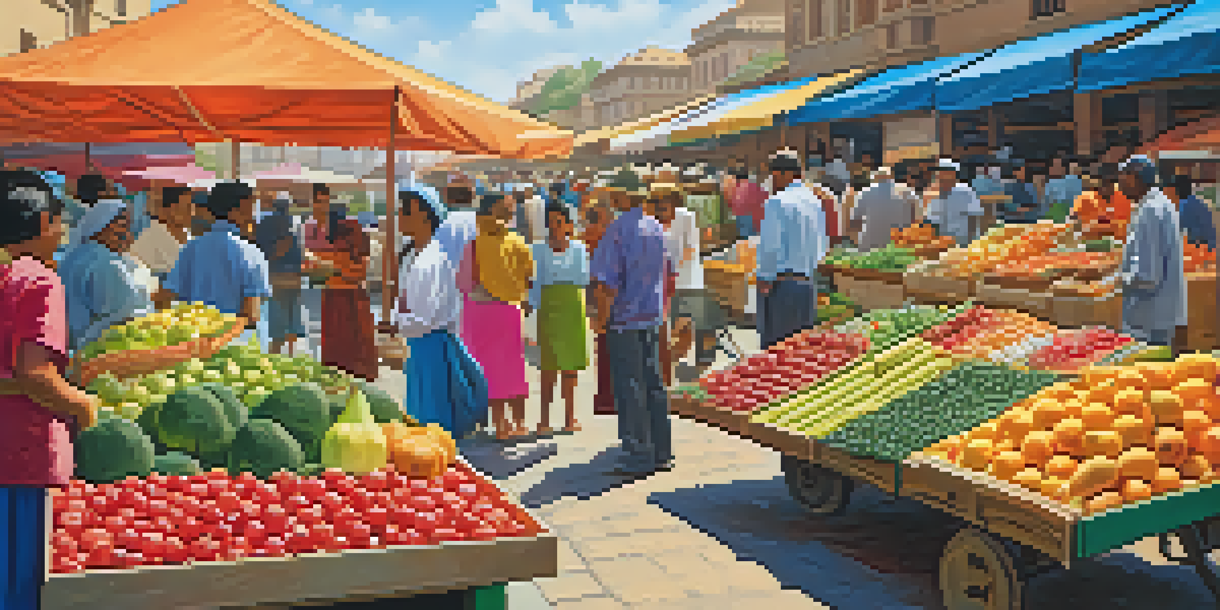 A lively marketplace with diverse consumers engaging with colorful products and stalls under a sunny sky.