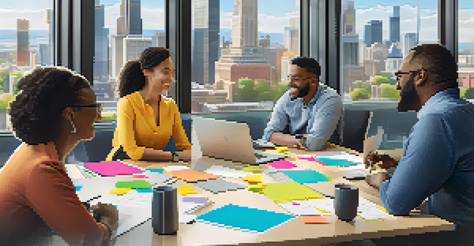 A diverse group of employees working together in a bright conference room, showcasing collaboration and positivity.