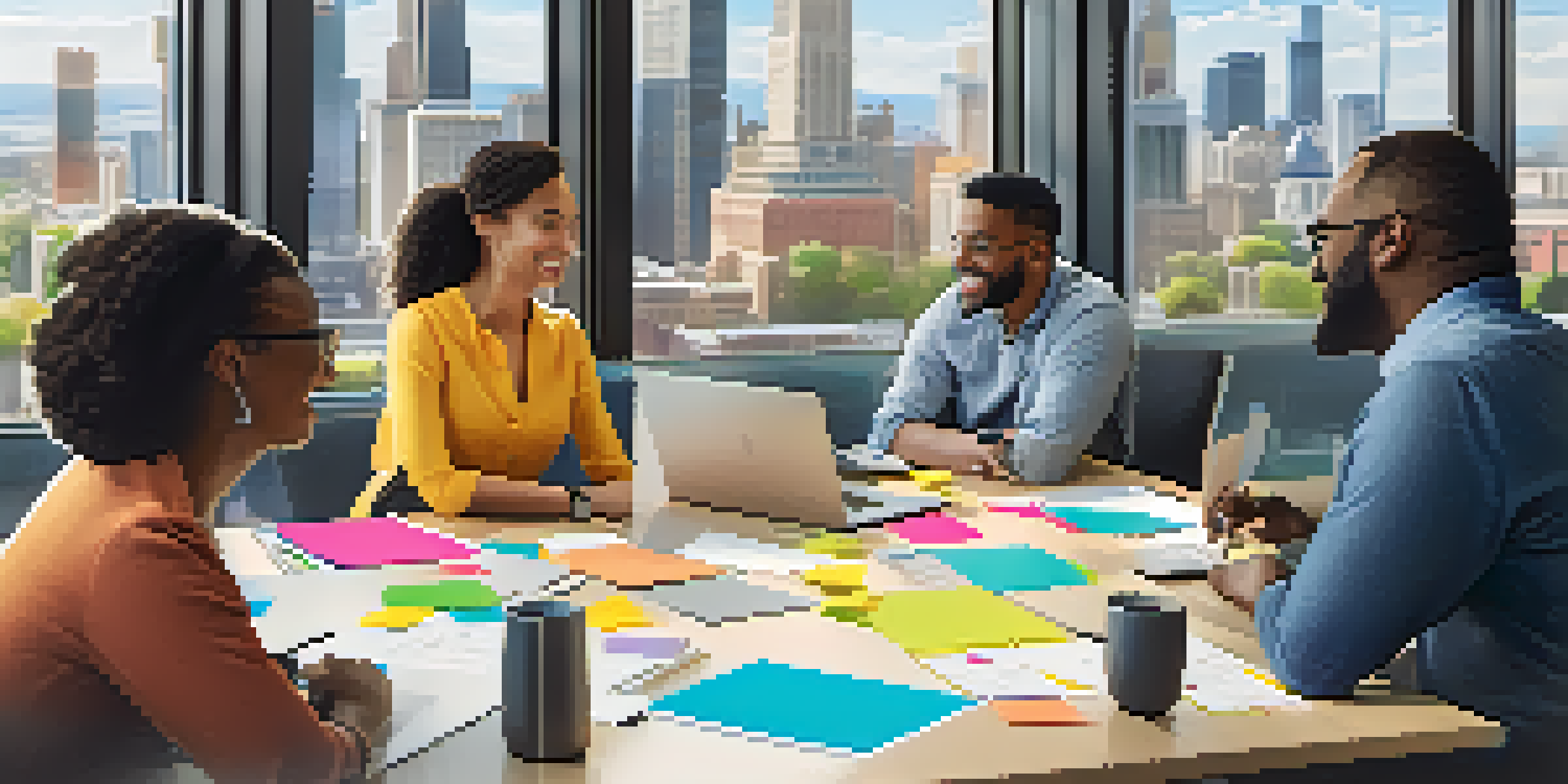 A diverse group of employees working together in a bright conference room, showcasing collaboration and positivity.