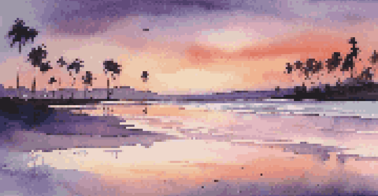 A tranquil beach at sunset with palm trees and colorful sky reflections on the water.