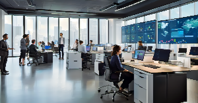 A diverse group of professionals working together in a modern office, with screens displaying data visualizations and charts.