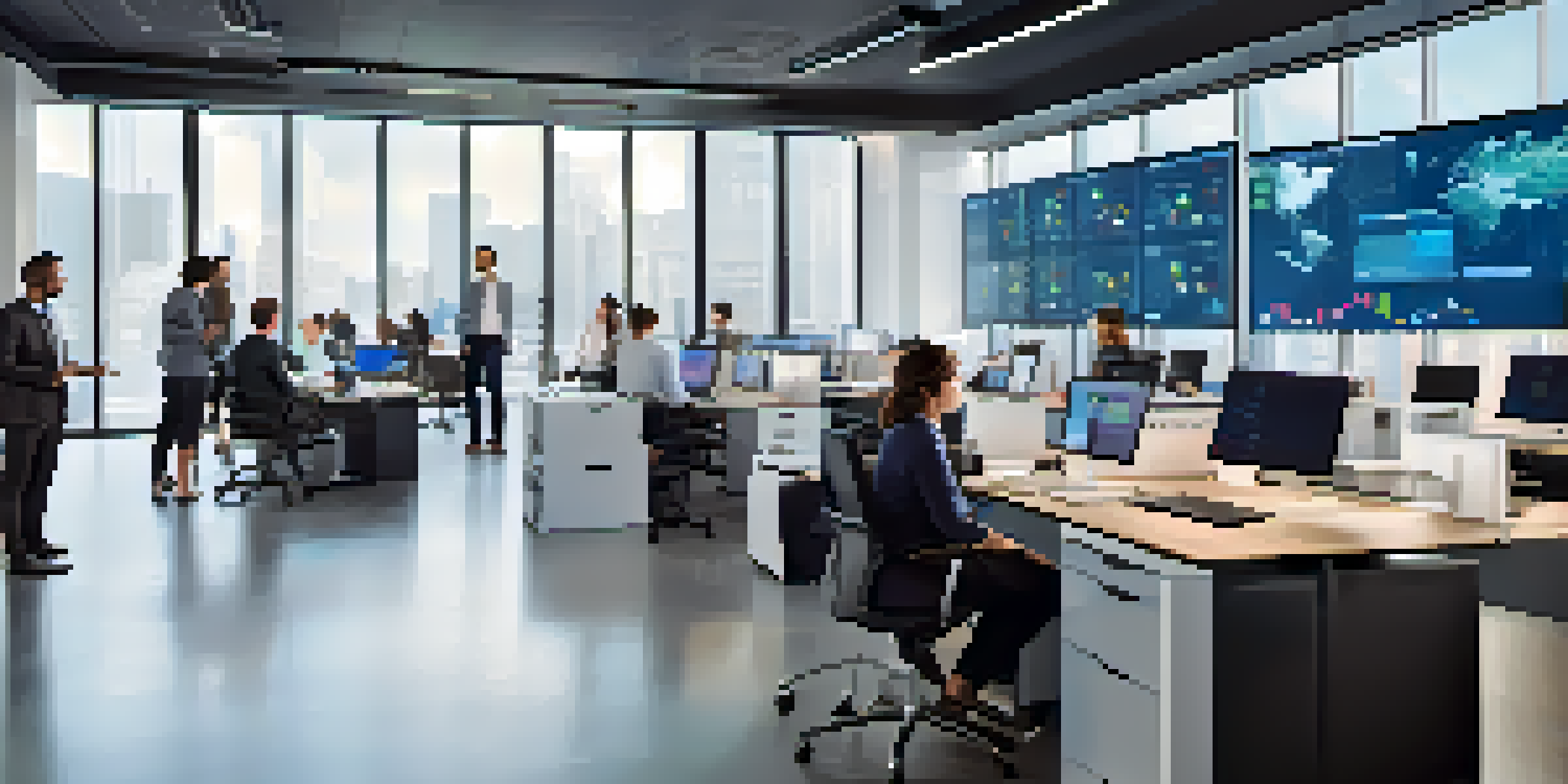 A diverse group of professionals working together in a modern office, with screens displaying data visualizations and charts.
