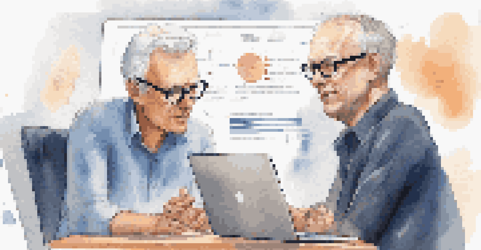 A mentor and a startup founder discussing a pitch deck on a laptop, with a busy accelerator environment in the background.