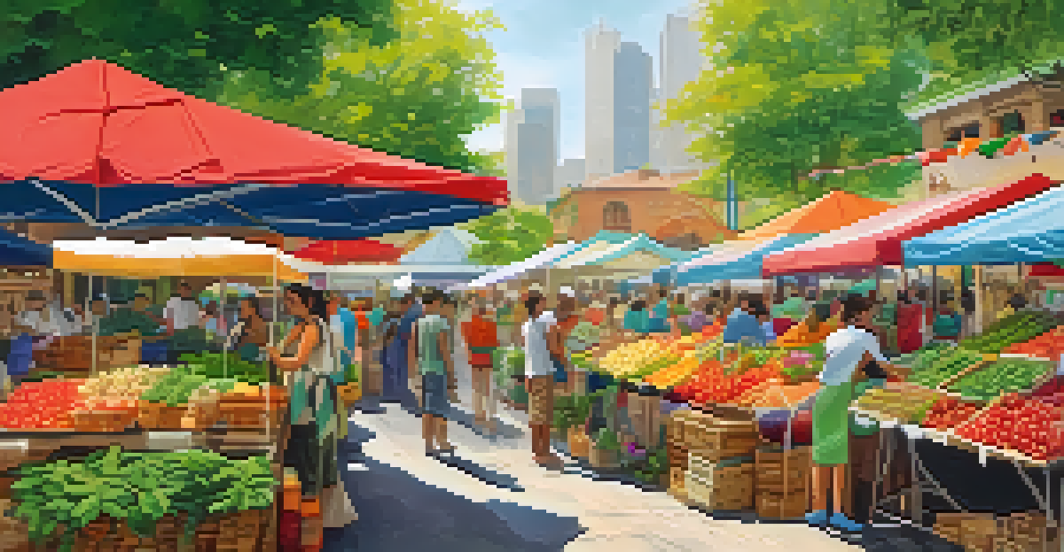 A lively market featuring eco-friendly products and engaged customers.