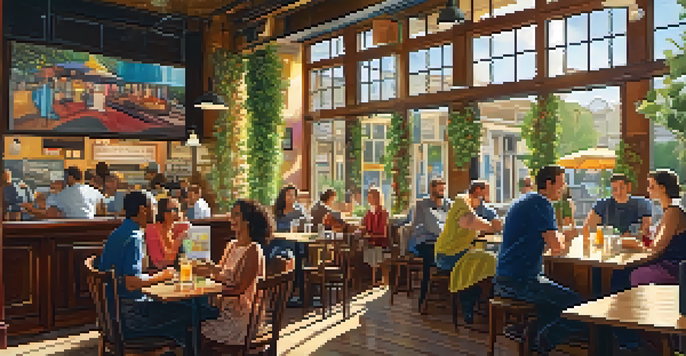 A lively cafe filled with people talking and enjoying their time, bright decor, and a chalkboard showcasing positive reviews, illuminated by sunlight from the windows.