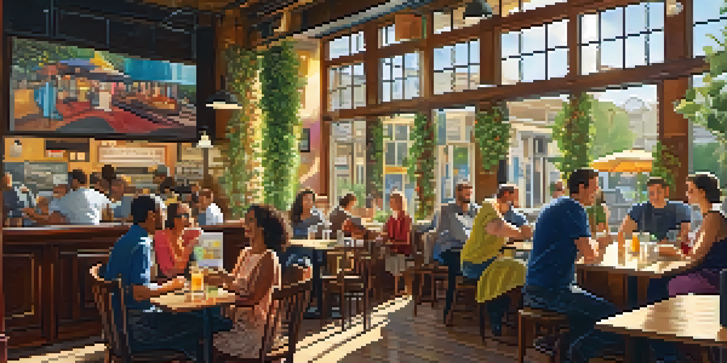 A lively cafe filled with people talking and enjoying their time, bright decor, and a chalkboard showcasing positive reviews, illuminated by sunlight from the windows.