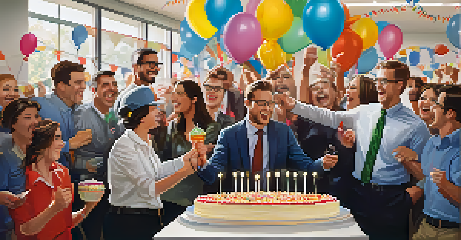 Employees celebrating success with a cake and decorations in a festive office environment.