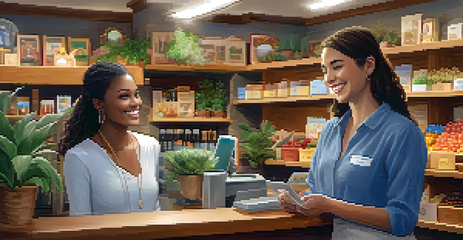 A customer service representative assisting a satisfied customer in a cozy retail environment, creating a welcoming atmosphere.