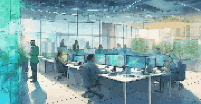 An office scene depicting a blockchain system with glowing blocks and people collaborating over real estate documents.