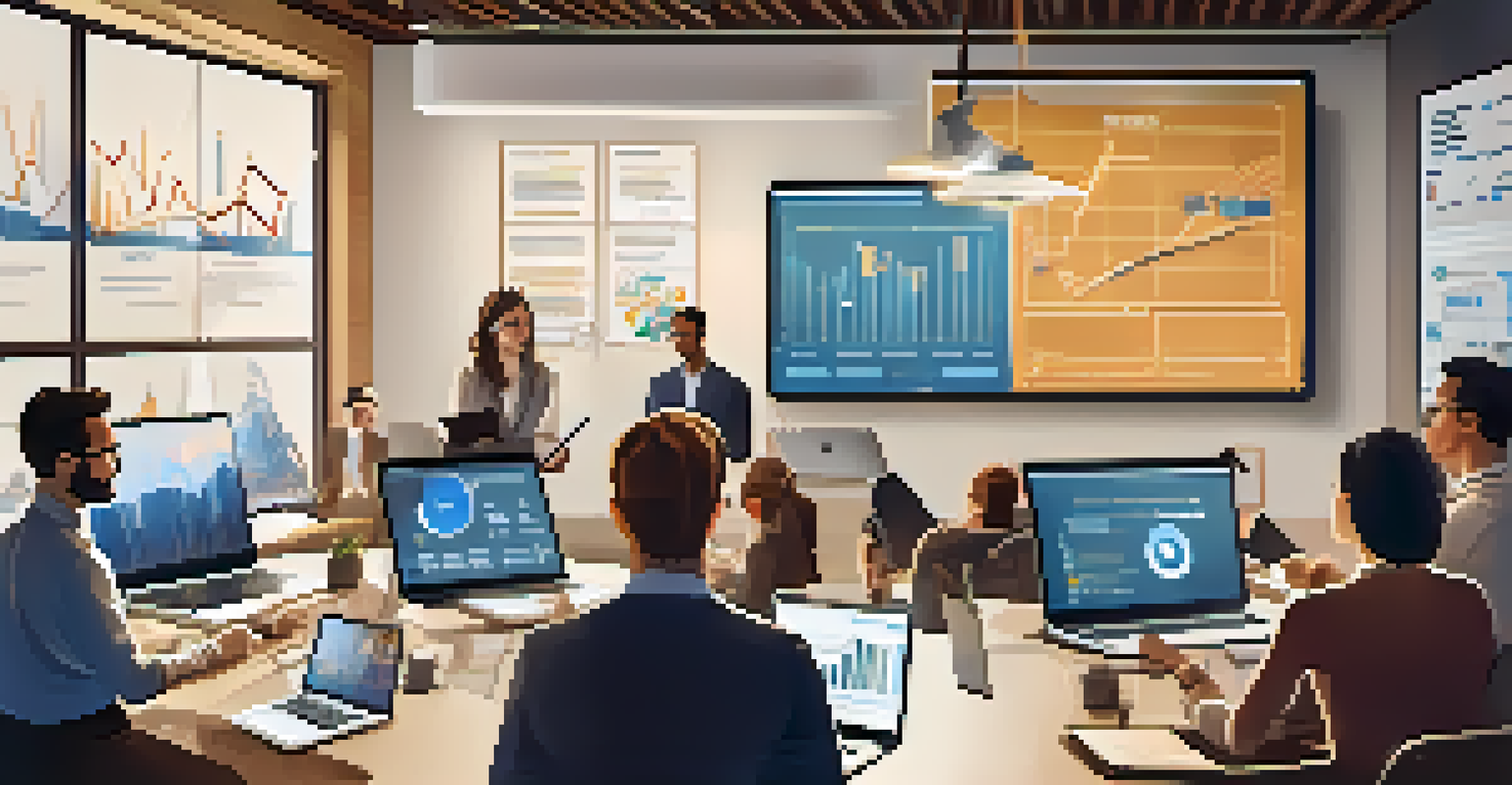 A diverse marketing team discussing data and strategies in a well-lit meeting room.