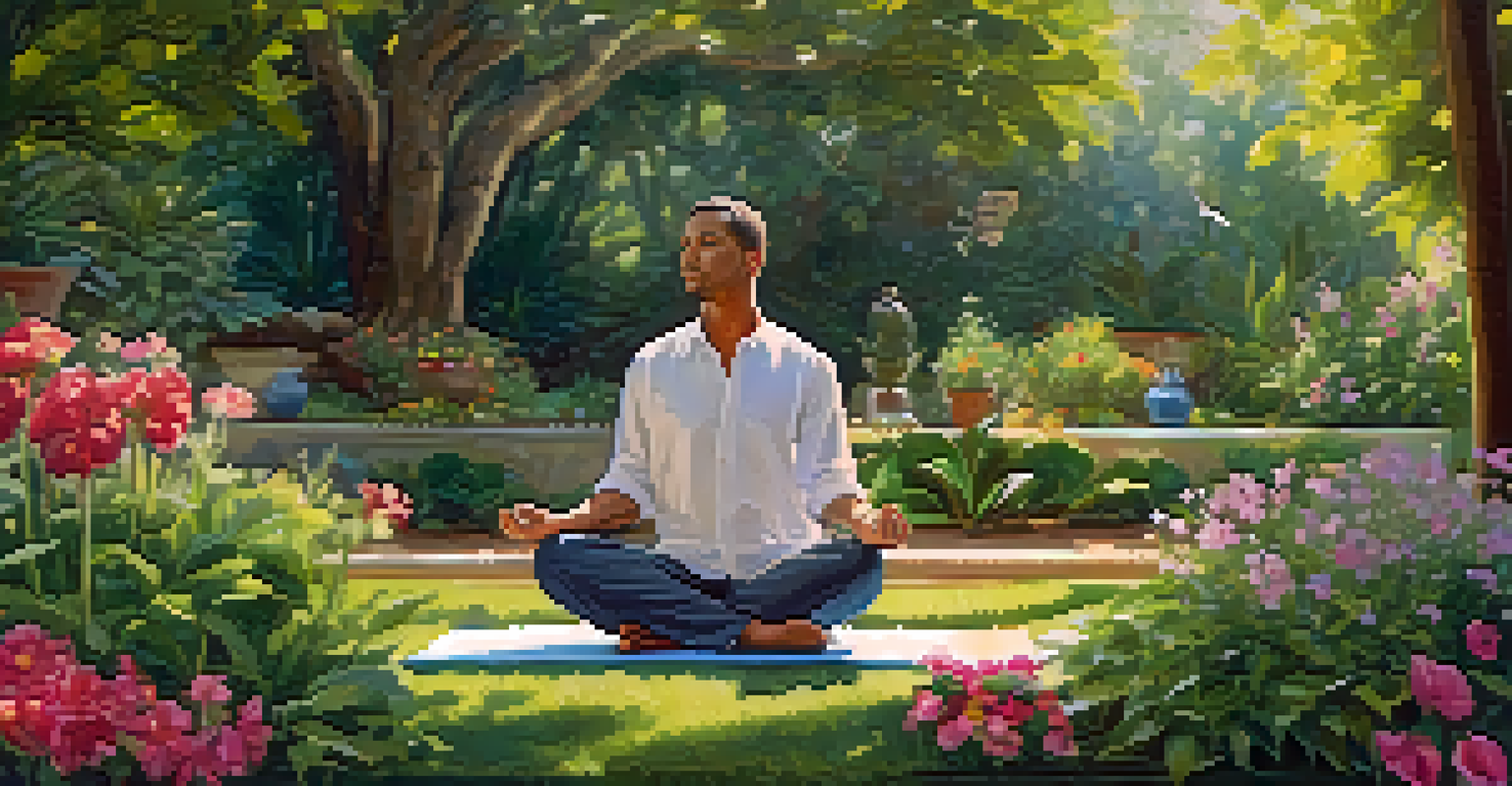 A leader practicing yoga in a peaceful garden surrounded by greenery and flowers.