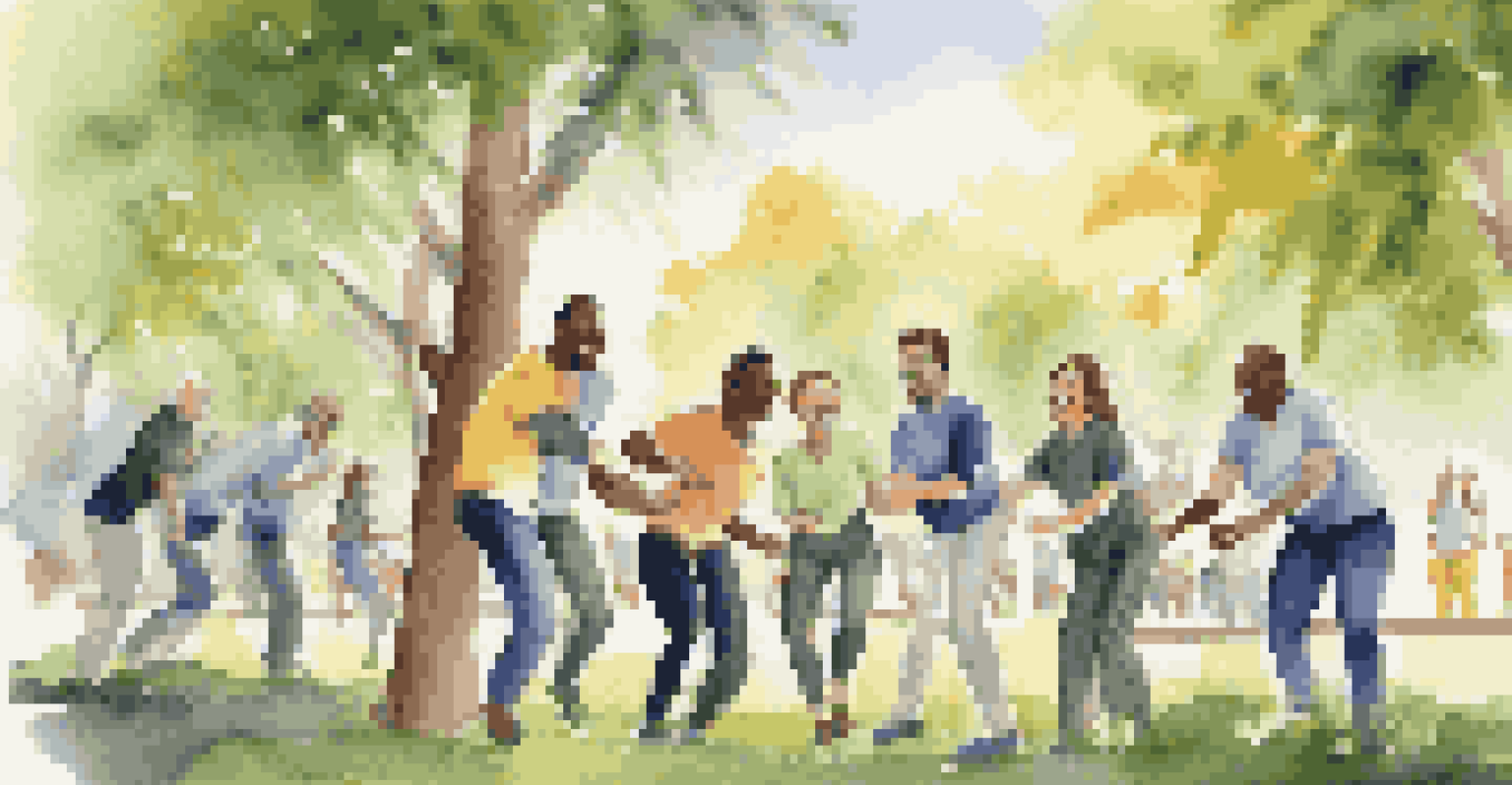 A group of professionals participating in a team-building exercise outdoors, laughing and collaborating.