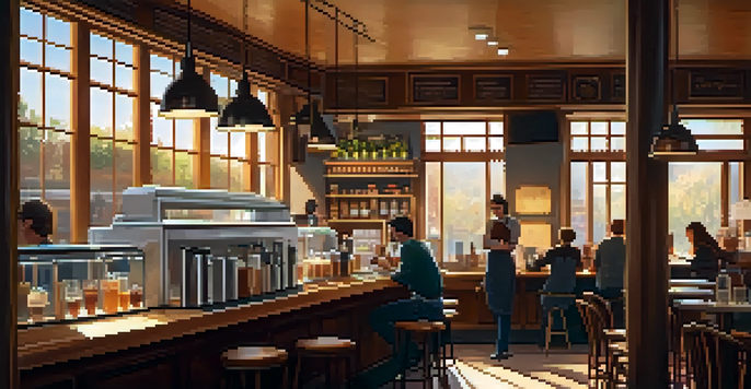 A warm and inviting café interior with a barista preparing coffee and customers enjoying their drinks.