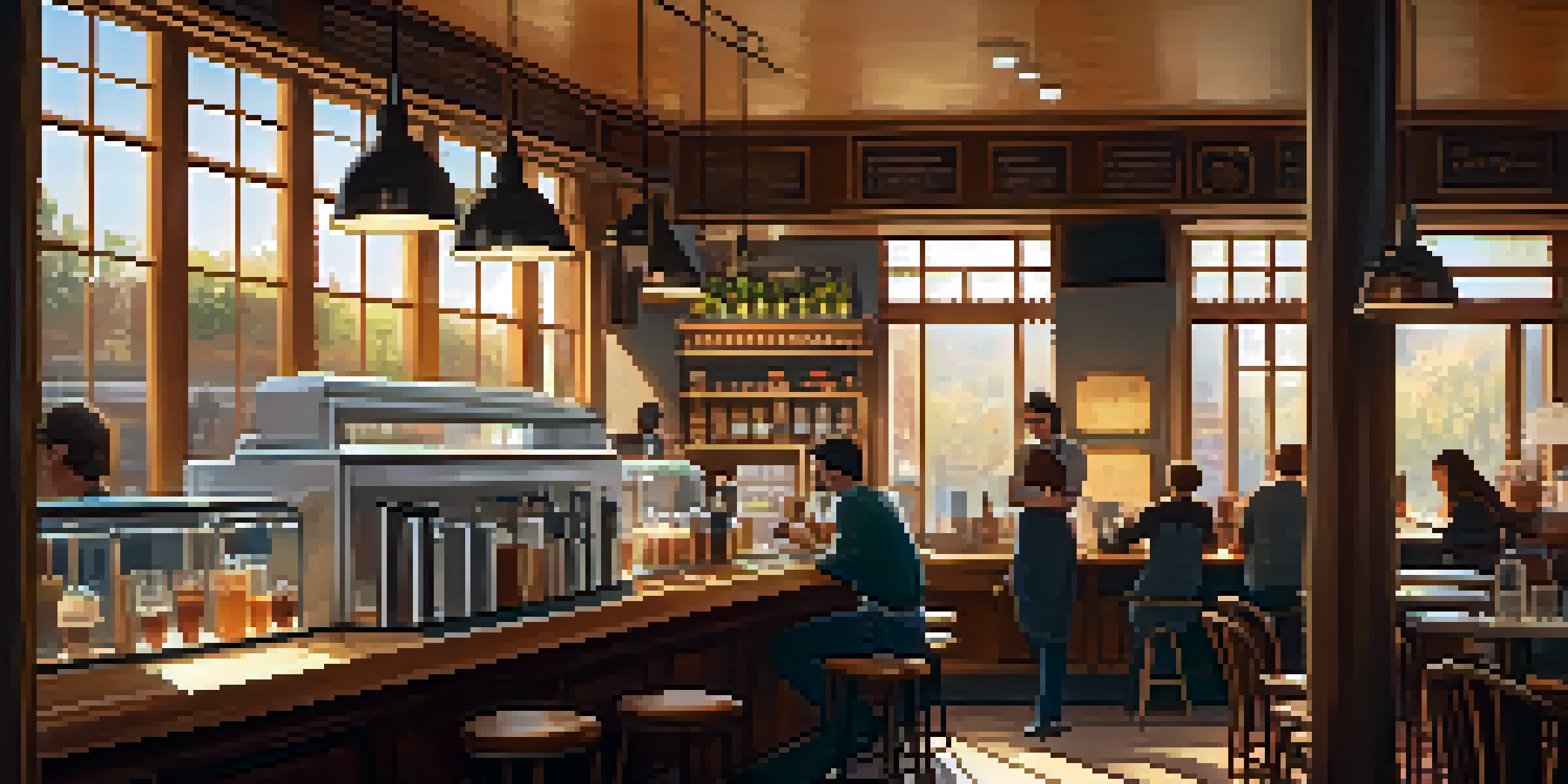 A warm and inviting café interior with a barista preparing coffee and customers enjoying their drinks.