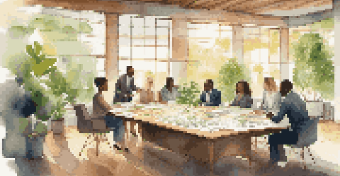 A diverse group of business professionals working together at a table with greenery and sustainable materials, illuminated by sunlight.