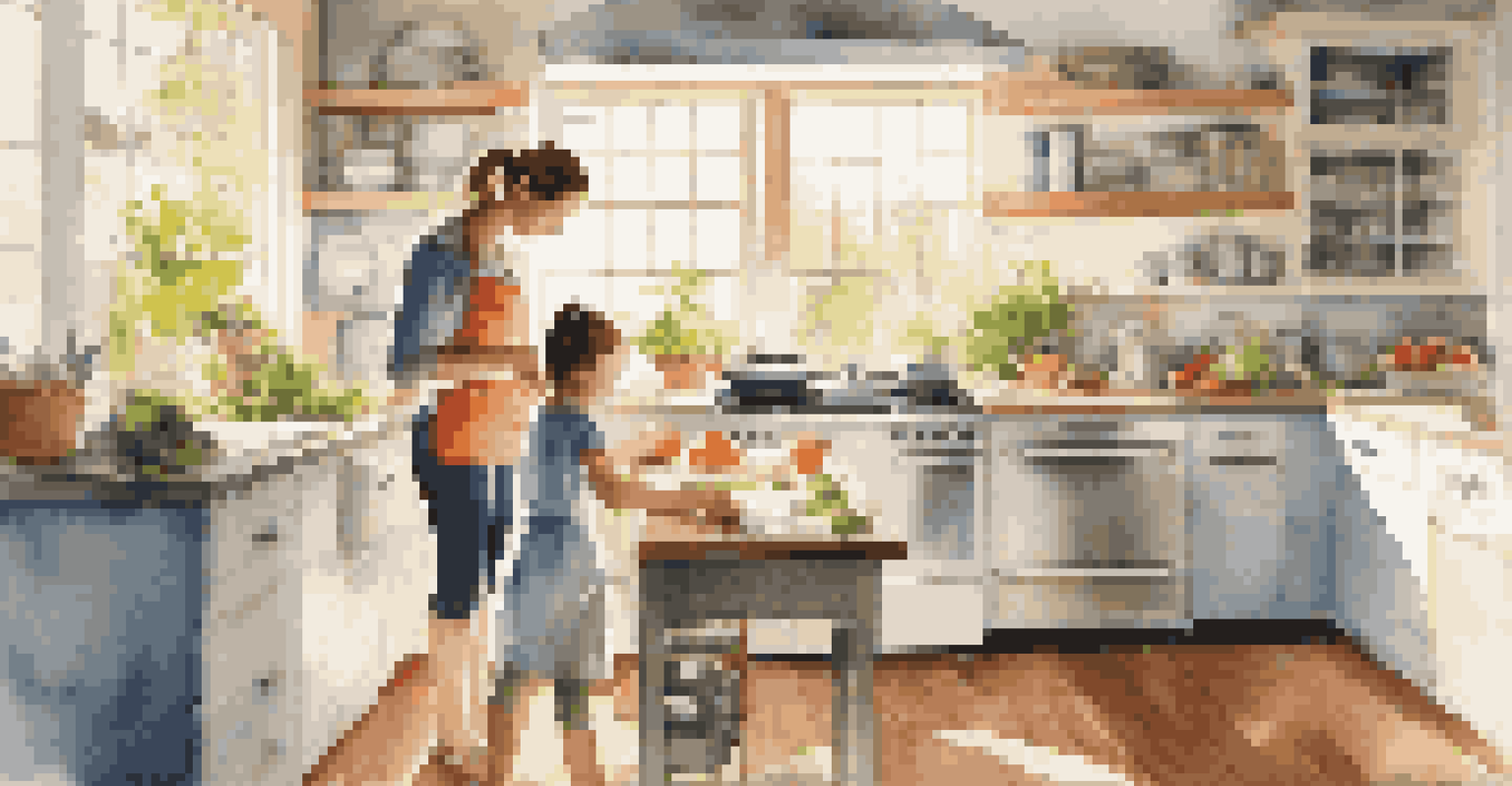 A parent cooking in a bright kitchen while a child helps on a stool, showcasing a nurturing learning moment.