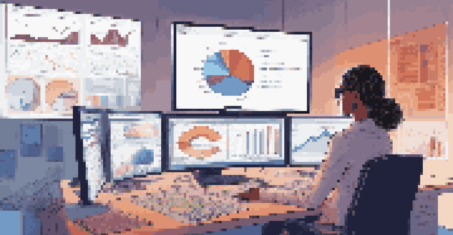 A female data analyst at a modern desk, analyzing consumer behavior data on multiple screens with warm lighting.