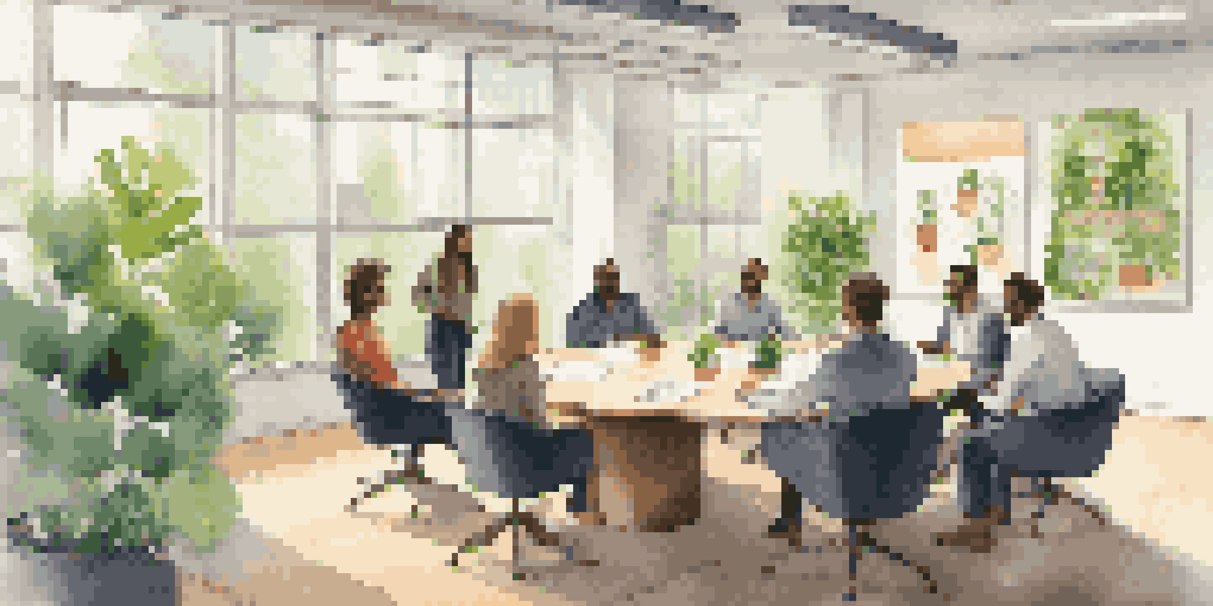 A group of diverse professionals engaged in a meeting in a well-lit office with plants and motivational posters.